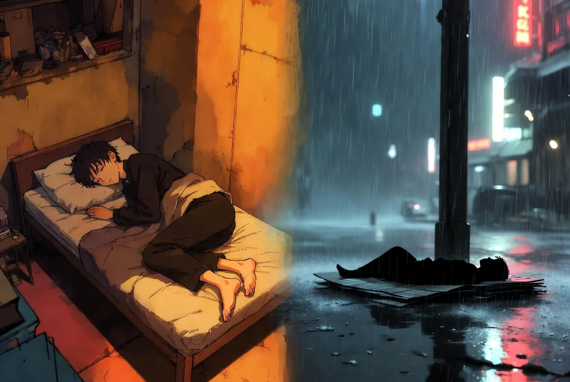 ภาพเปรียบเทียบชายหนุ่มที่ได้นอนในห้องแคบอุ่น ๆ กับอีกฉากที่เผยลานวัดเปียกฝนและที่นอนกระดาษเย็นชืด