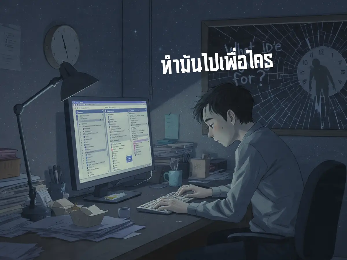 ภาพประกอบการ์ตูนสไตล์แอนิเมชันนุ่มนวลของพนักงานออฟฟิศที่เหนื่อยล้าตอนกลางคืน กำลังจ้องหน้าจอคอมพิวเตอร์พร้อมอาหารที่ลืมกิน สะท้อนวงจรการทำงานหนักที่ไม่มีวันสิ้นสุด