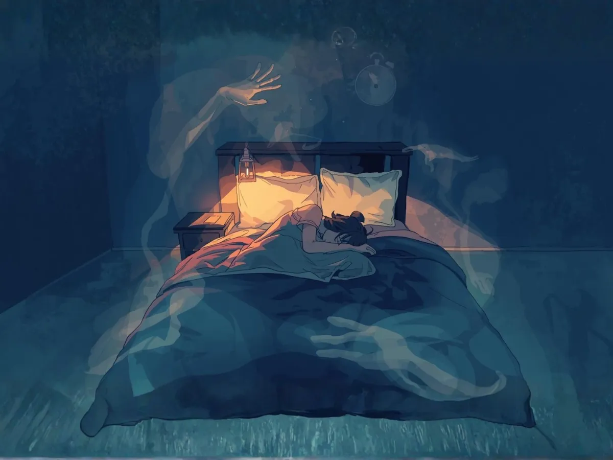 ภาพวาดการ์ตูนแสดงความรู้สึกผิด จินตนาการถึงเหตุการณ์ "ถ้า...แล้ว" วนเวียนอยู่ในความคิด ในห้องที่มืดสลัว