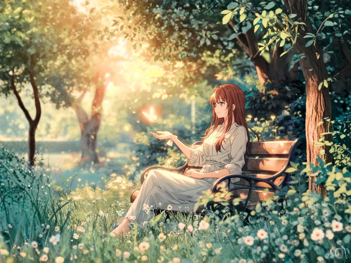 หญิงสาวนั่งในสวนอย่างสงบ มองผีเสื้อที่เรืองแสงและโปร่งใสดวงหนึ่งซึ่งบินมาเกาะที่มือของเธอด้วยรอยยิ้ม สื่อถึงการกลับมาของคนรักในอีกรูปแบบหนึ่งที่ยังคงอบอุ่นและไม่เคยจากไปไหน