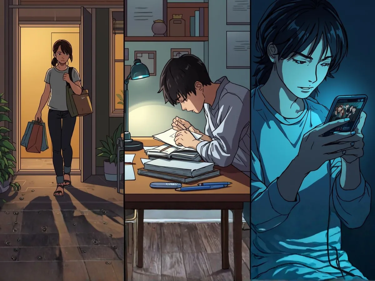 ภาพนักศึกษามองเกรดในหน้าจอด้วยสายตากังวล มุมมองแอบถ่ายจากด้านหลัง บรรยากาศหม่นแสดงแรงกดดันเรื่องผลการเรียนที่ไม่เป็นไปตามคาด