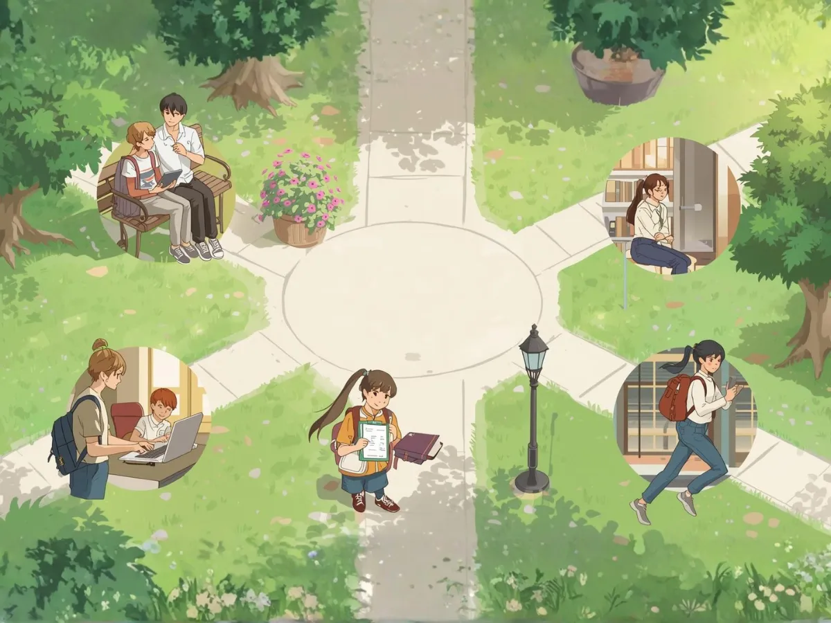 ภาพนักศึกษาออกกำลังกายยามเย็นที่สวนสาธารณะ มุมมองแอบถ่ายจากระยะไกล บรรยากาศอบอุ่นช่วยสื่อถึงการดูแลสุขภาพใจด้วยกิจกรรมที่ทำให้รู้สึกดีขึ้น