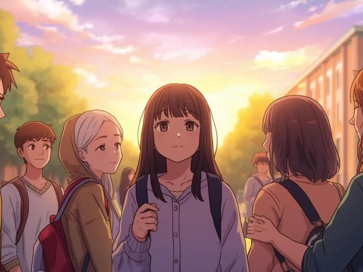 ภาพนักศึกษานั่งมองท้องฟ้าในยามเย็น มุมมองแอบถ่ายจากด้านหลัง บรรยากาศอบอุ่นสะท้อนความหวังและการมองเห็นคุณค่าในตัวเองอีกครั้ง