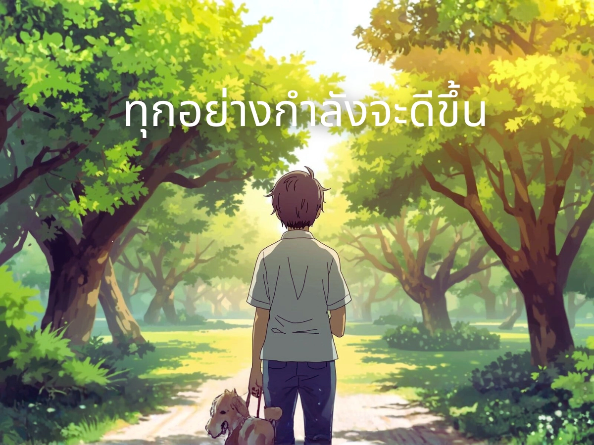 ภาพผู้ดูแลเดินในสวนตอนเช้า แสงอุ่นอ่อน ๆ ให้ความรู้สึกมีหวัง มุมแอบถ่ายจากด้านหลัง