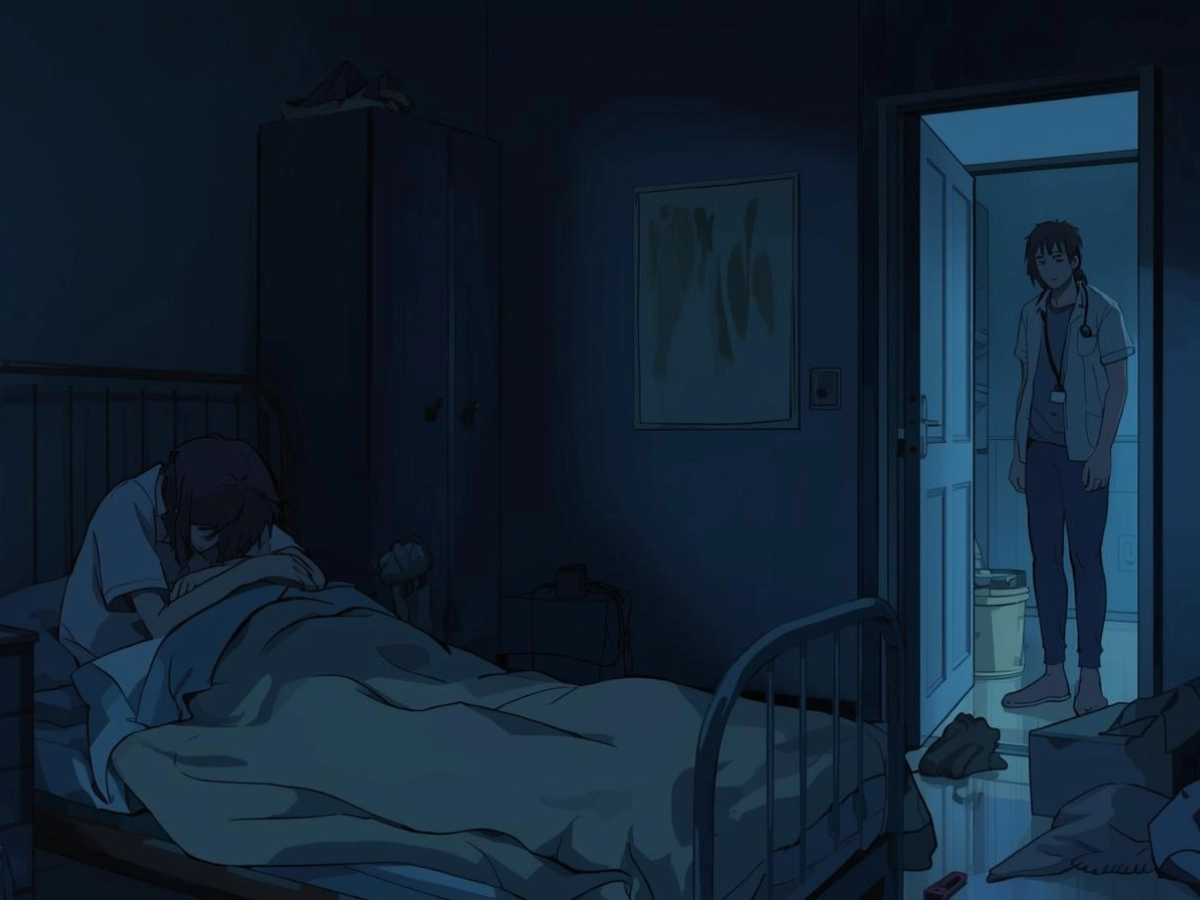 ภาพห้องนอนแสงสลัว คนป่วยนั่งก้มหน้าอยู่บนเตียง ผู้ดูแลยืนมองด้วยความเป็นห่วง มุมมองแอบถ่าย สื่อถึงสัญญาณอันตรายที่ต้องรีบช่วยเหลือ