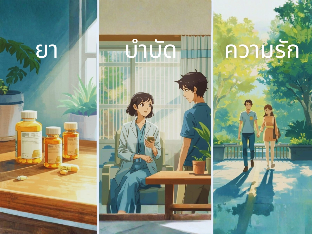 ภาพสามฉากในเฟรมเดียว ยา การบำบัด และการเดินช้า ๆ กลางสวน โทนอบอุ่น มุมมองแอบถ่าย