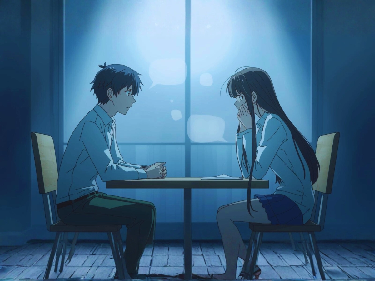 ภาพคู่รักคุยกันในบ้าน ผู้พูดตั้งใจดีแต่อีกฝ่ายเจ็บลึก ๆ มุมมองแอบถ่าย เห็นบรรยากาศอึดอัด