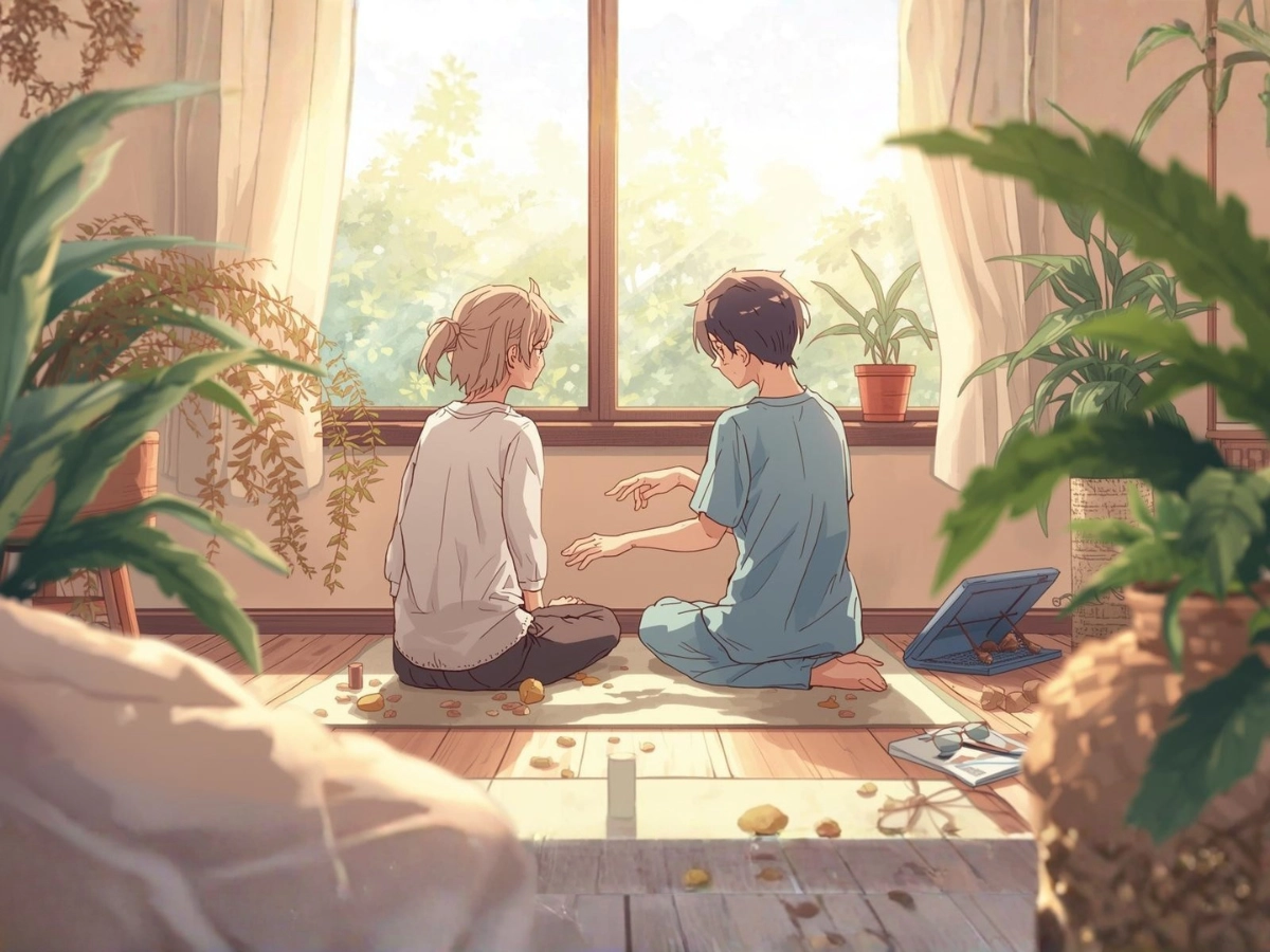 ภาพสองคนกำลังทำเทคนิค Grounding ในห้องแสงธรรมชาติ มุมแอบถ่าย อบอุ่นและสงบ