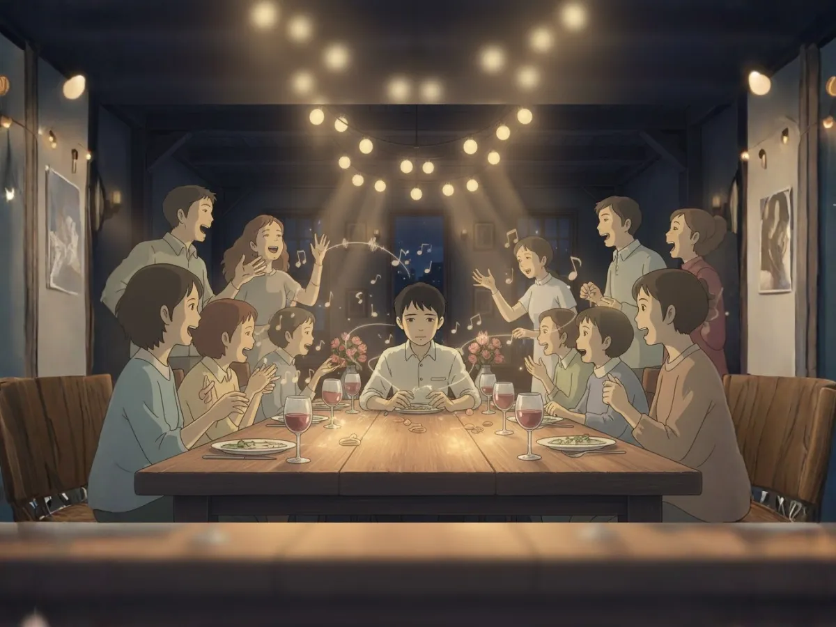 ชายหนุ่มนั่งอยู่กลางโต๊ะอาหารในงานเลี้ยงที่มีคนมากมายกำลังหัวเราะและพูดคุยกันอย่างสนุกสนาน แต่เขากลับมีสีหน้าเศร้าสร้อยและรู้สึกเหมือนถูกทอดทิ้ง