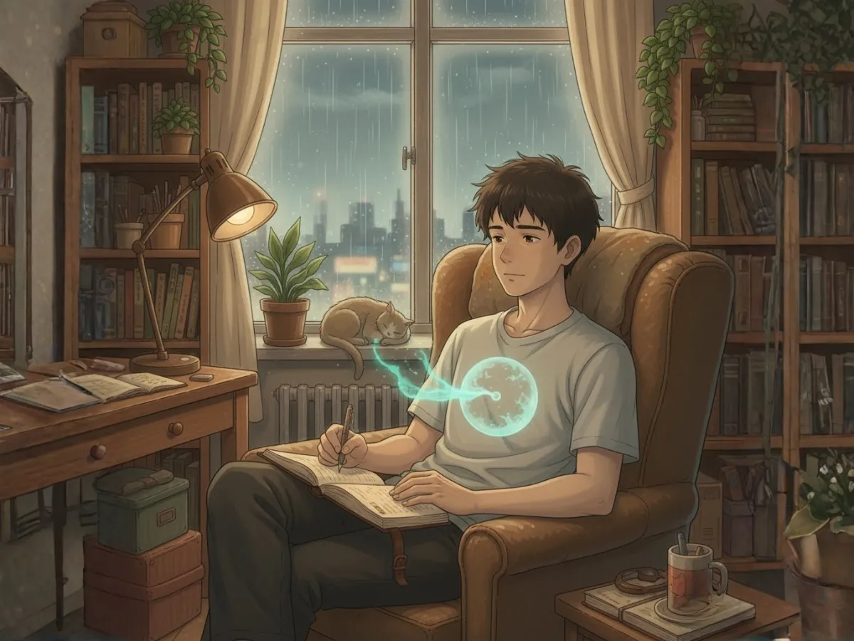 ชายหนุ่ม Introvert นั่งอ่านหนังสือและจดบันทึกอย่างสงบในห้องส่วนตัวที่มีหน้าต่างมองเห็นวิวเมืองฝนตกข้างนอก แมวตัวหนึ่งนอนหลับอยู่บนขอบหน้าต่าง สะท้อนถึงความสุขจากการอยู่กับตัวเอง