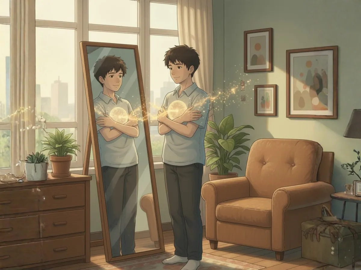 ชายหนุ่มยืนอยู่หน้ากระจกเงาในห้องที่แสงแดดส่องถึง เขากำลังโอบกอดตัวเองด้วยรอยยิ้มที่อ่อนโยนและอบอุ่น สะท้อนถึงการยอมรับและเมตตาต่อตัวเอง