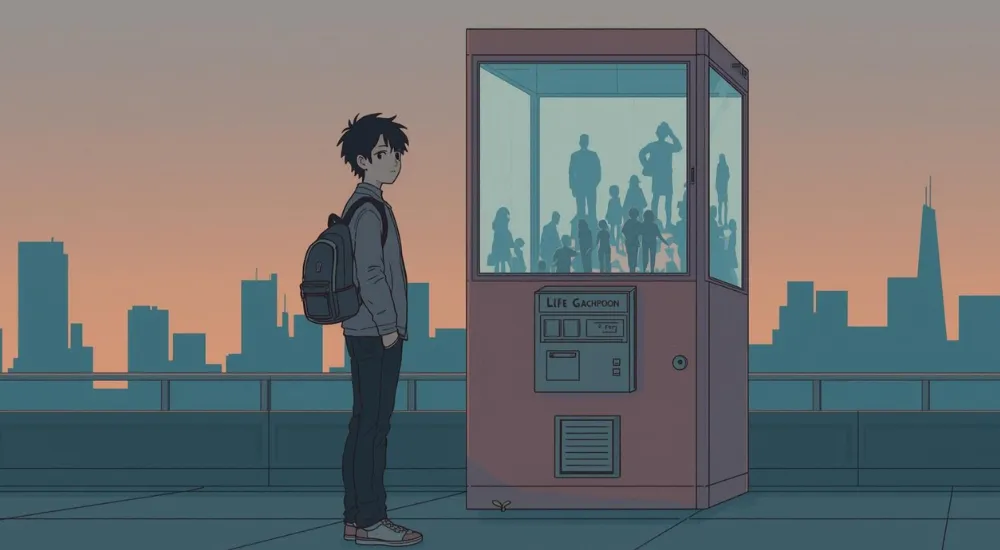 ชายหนุ่มยืนข้างกาชาปองชีวิตขนาดใหญ่ เหมือนกำลังยอมรับโชคชะตาและความเหนื่อยล้า ท่ามกลางเมืองยามค่ำที่หม่นหมอง