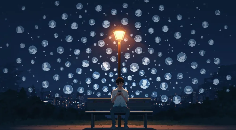 ชายหนุ่มนั่งบนม้านั่งกลางคืนและเลื่อนโทรศัพท์ท่ามกลางไอคอนเพื่อนออนไลน์จาง ๆ ที่รายล้อมแต่ให้ความรู้สึกโดดเดี่ยว