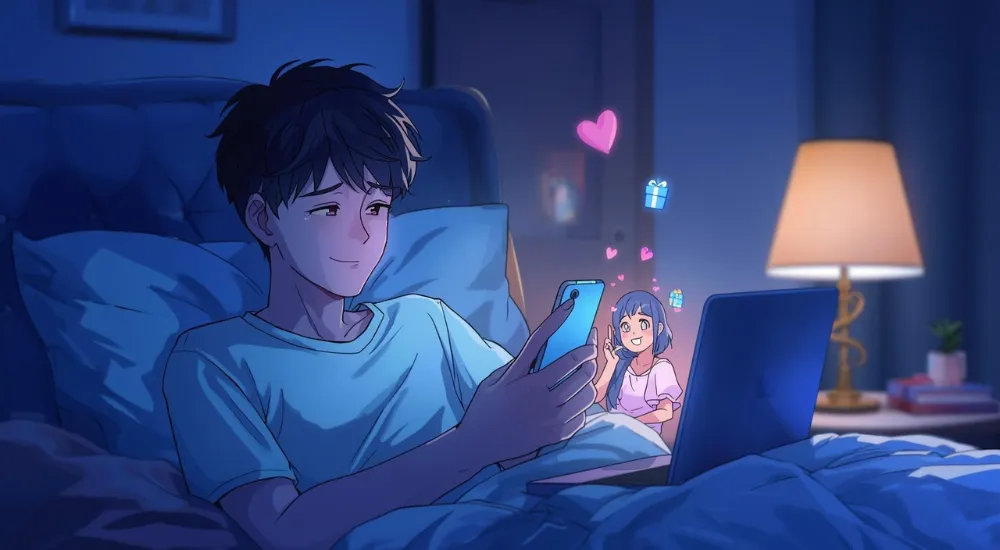 ชายหนุ่มนั่งอยู่ในห้องมืด ๆ ส่งไอคอนของขวัญบนไลฟ์ เสี้ยวยิ้มบาง ๆ บนใบหน้าที่อ่อนล้าบอกถึงการคลายเครียดชั่วคราว