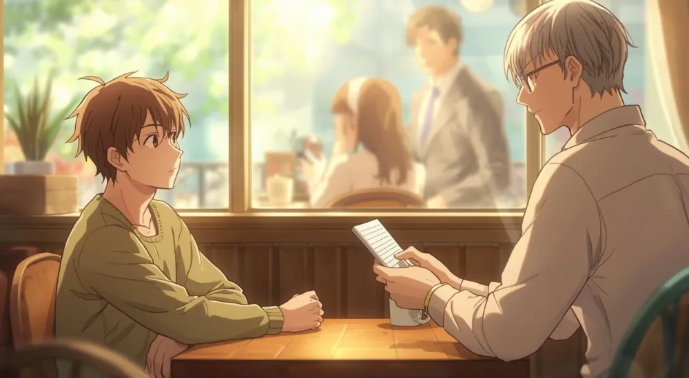 ภาพชายหนุ่มรับสมุดเล่มหนึ่งจากผู้ชายรุ่นพี่ในคาเฟ่ บรรยากาศอบอุ่นเหมือนการเริ่มต้นได้รับคำแนะนำใหม่ในชีวิต