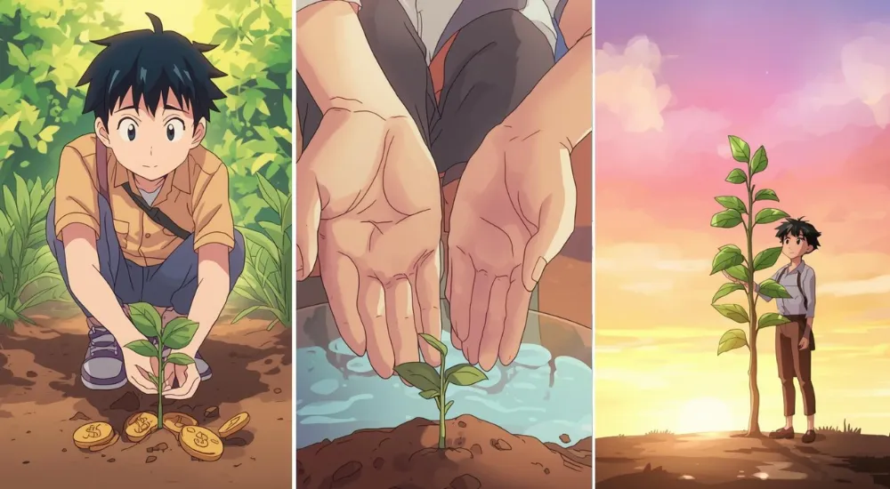 ภาพคอลลาจที่ชายหนุ่มเพาะเมล็ดชีวิต ได้รับการช่วยเหลือรดน้ำ และยืนมองต้นอ่อนที่เติบโตขึ้นอย่างมีความหวัง